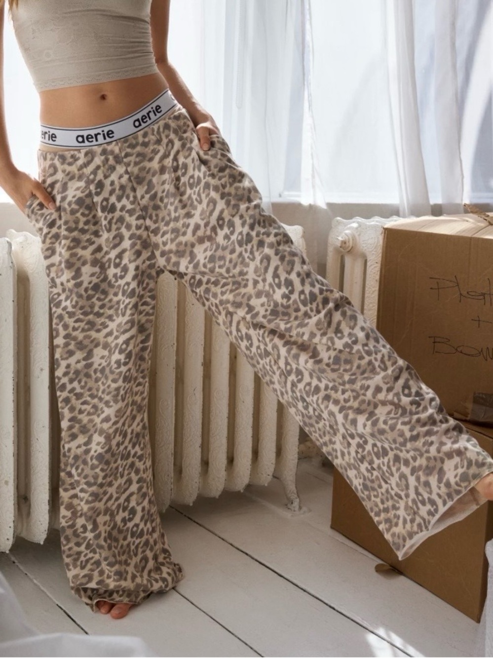 aerie Taupe Leopard Wide-Leg Lounge Pants